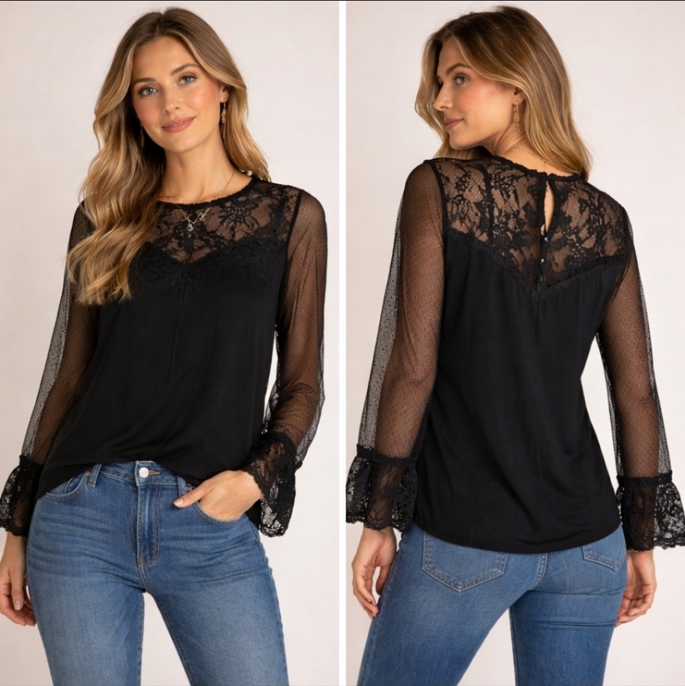 Black Lace Sheer Sleeve Blouse Whimsigoth Romantic Gothic Top Best Fit S